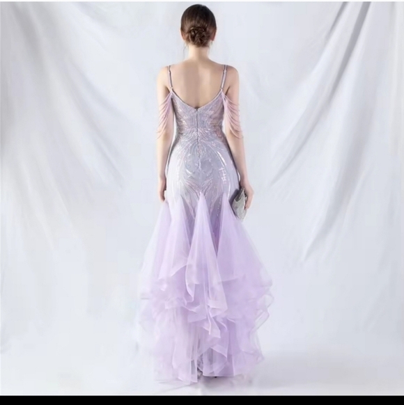 Purple, Abstract Print, Beaded Draped Sleeves,  Backless,  Sequined Mermaid Gown - Picture 8 of 14